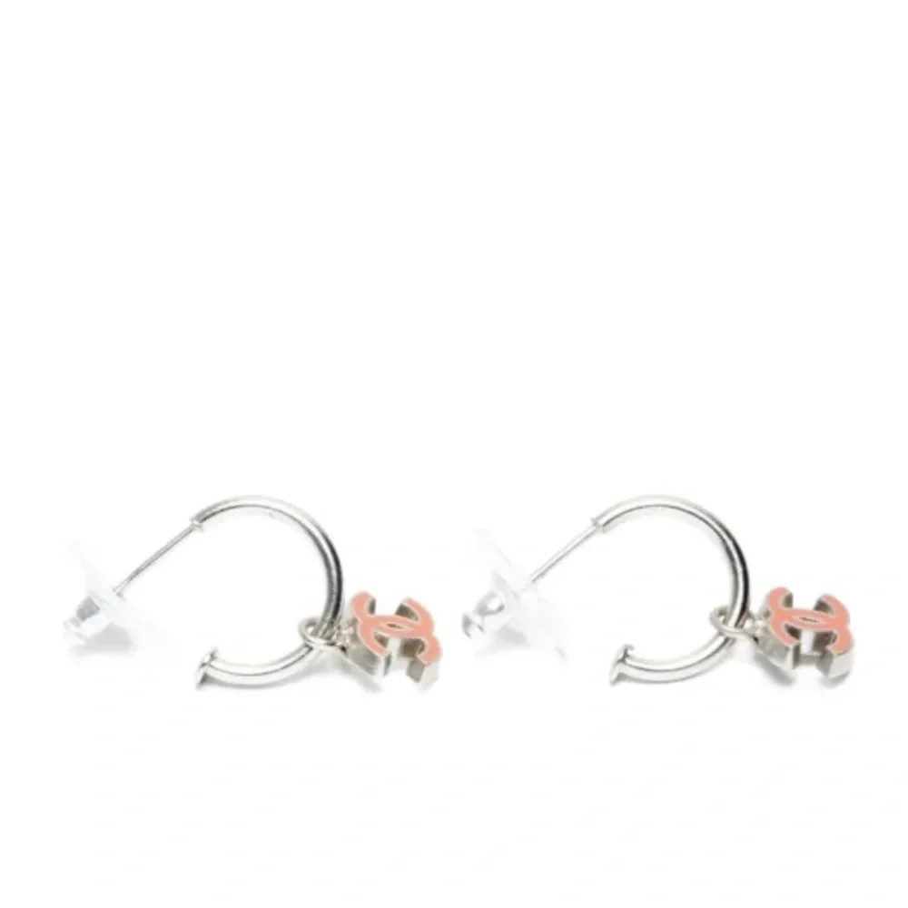 CHANEL Silver and Red CC Hoop Pierced Earrings
